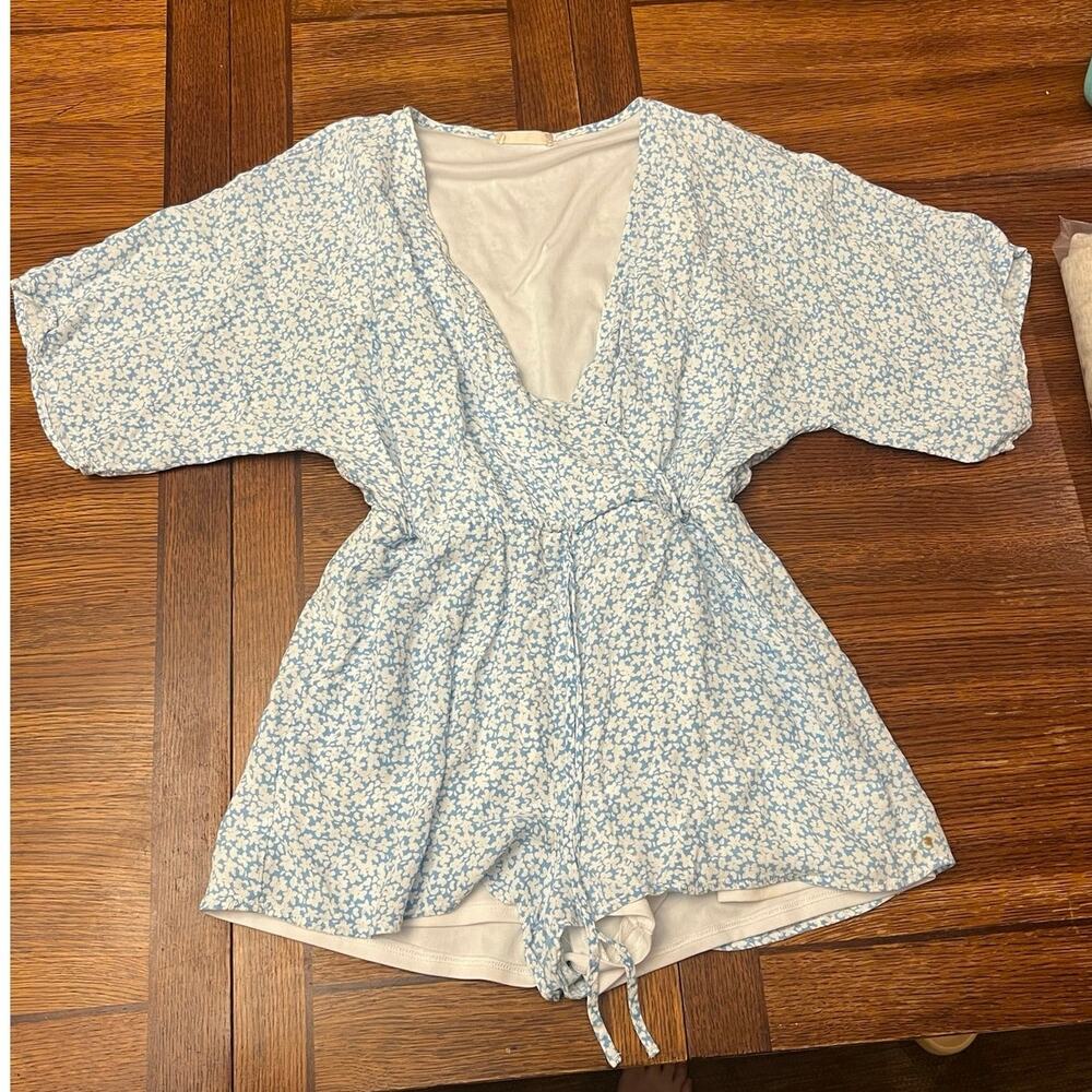 Altar'd State Blue White Floral Wrap Romper Small Boho Cottagecore Summer Dress - Picture 5 of 14